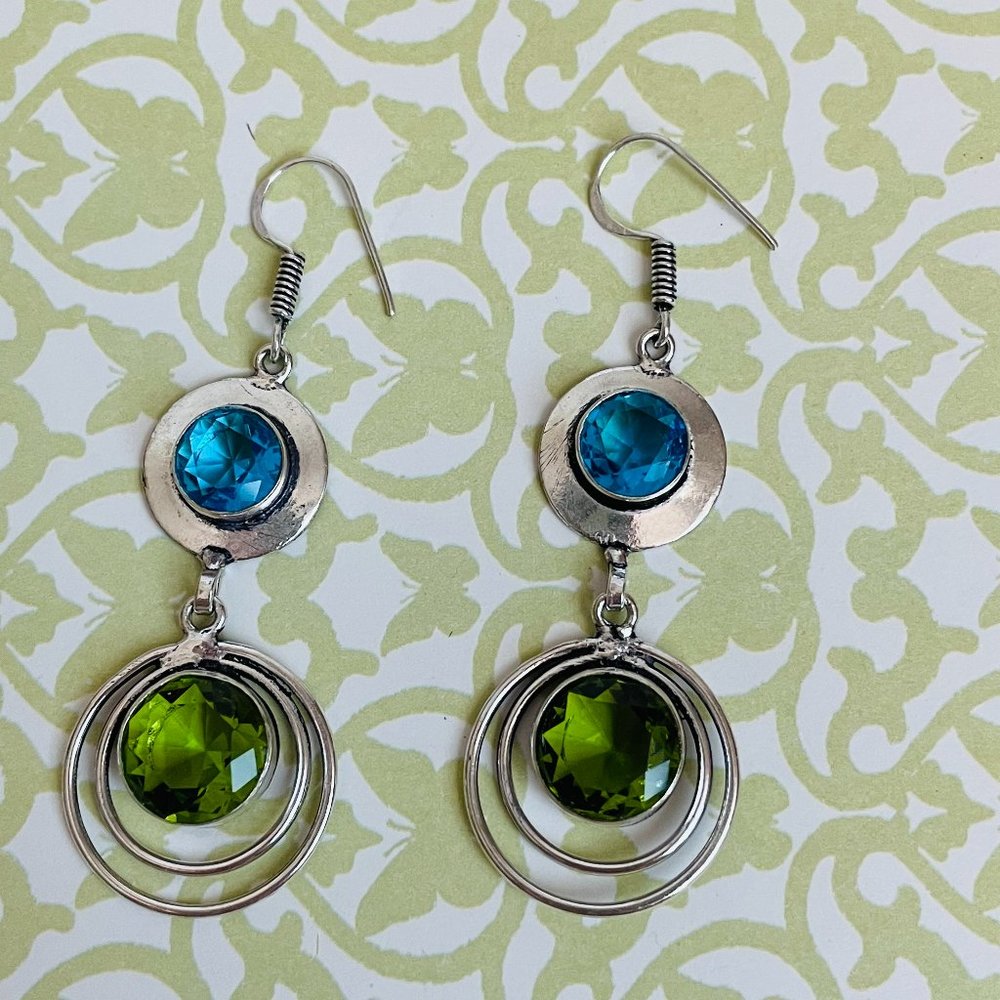 Blue Topaz/Peridot Gemstone 925 Sterling Silver Plated Artisan Dangle Earrings - Picture 1 of 7